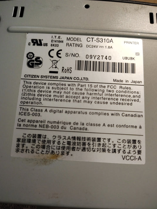 Citizen CT-S310A thermal Receipt printer without power cord used