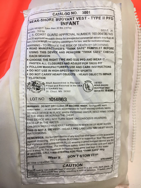 Load image into Gallery viewer, Stearns Type II Orange Infant Used Life Vest
