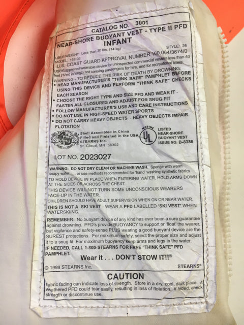 Load image into Gallery viewer, Stearns Type II Orange Infant Used Life Vest
