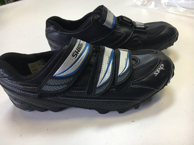 Load image into Gallery viewer, Used Shimano SPD Black/Blue/Silver Sr 8.5 Biking Shoes
